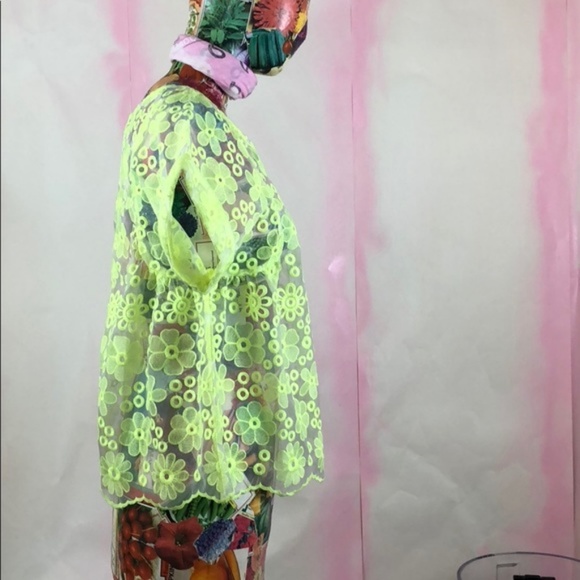 Anthro Meadow Rue Neon Embroidered Top Neon Sheer - Picture 4 of 9
